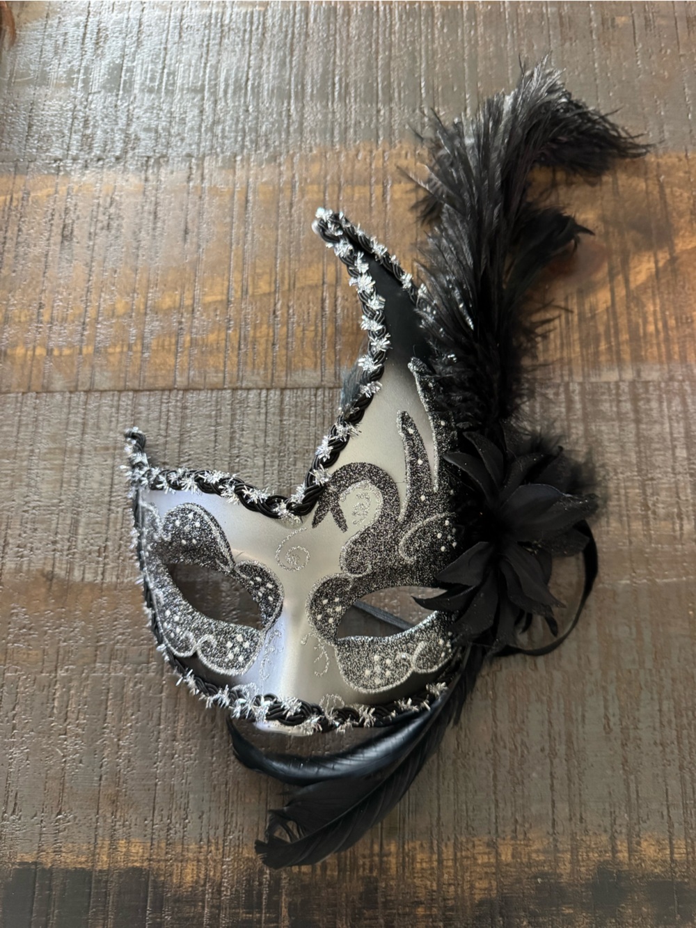 Masquerade Mask Half Mask Silver With Black Feathers and Flower with Glitter
